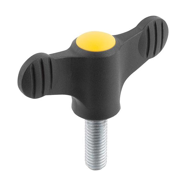 Wing Grip D=M05X30 A=38, H=18, Form: L, Plastic Black, Comp: Steel, Blue-Passivated, Cap: Yellow