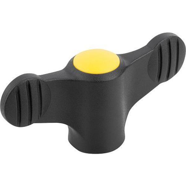 Wing Grip D=M06 A=38, H=18, Form: K, Plastic Black, Comp: Steel, Blue-Passivated, Cap: Yellow