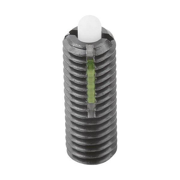 Spring Plunger Light Spring Force, Long-Lok D=M16 L=32, Steel, Comp: Pin POM Plastic