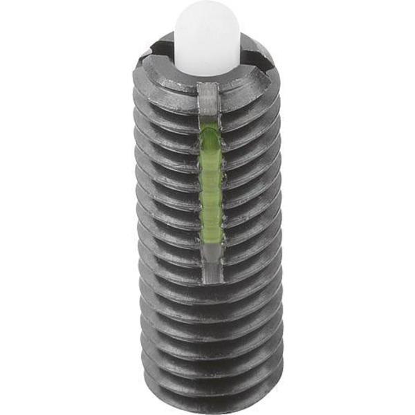 Spring Plunger Light Spring Force, Long-Lok D=1/4-28 L=20, Steel, Comp: Pin POM Plastic