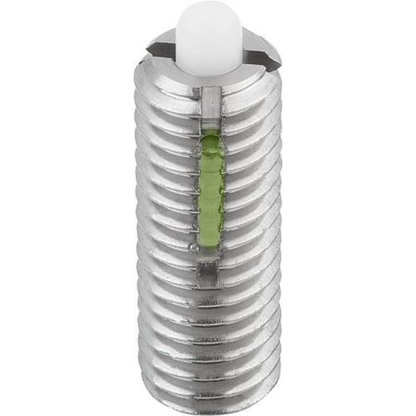 Spring Plunger Standard Spring Force D=1/4-20 L=20, Stainless Steel, Long-Lok, Comp: Pin Pom