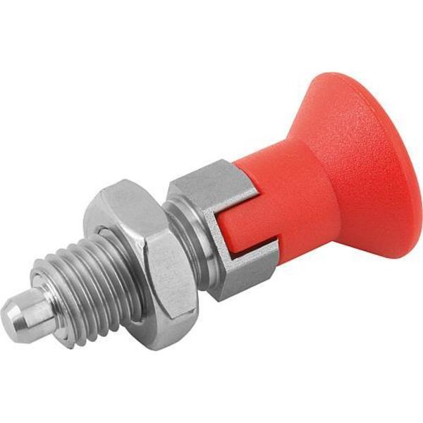 Indexing Plunger Red D1= 1/4-28, D=3, Style D, Lockout Type w Locknut, Stainless Steel Hardened