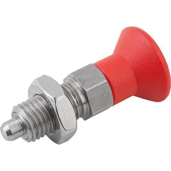 Indexing Plunger Red D1= M10X1, D=5, Style B, Non-Lockout w Locknut, Stainless Steel Not Hardened