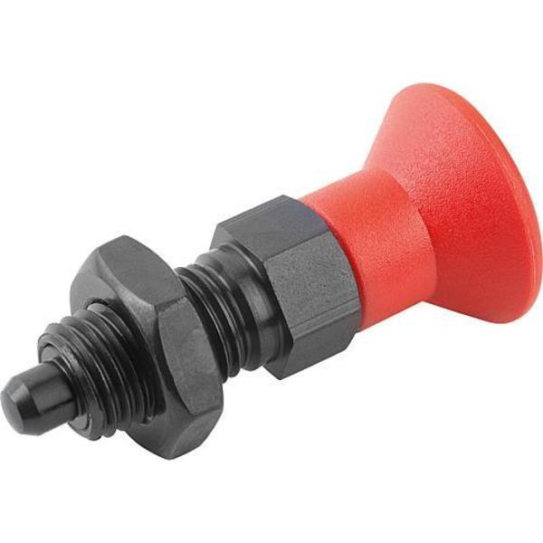Indexing Plunger Red D1= M08X1, D=4, Style B, Non-Lockout w Locknut, Steel Hardened, Knob Plastic