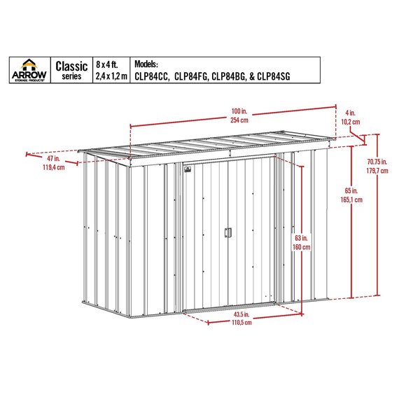 8x4 Classic Steel Storage Shed, Blue Grey