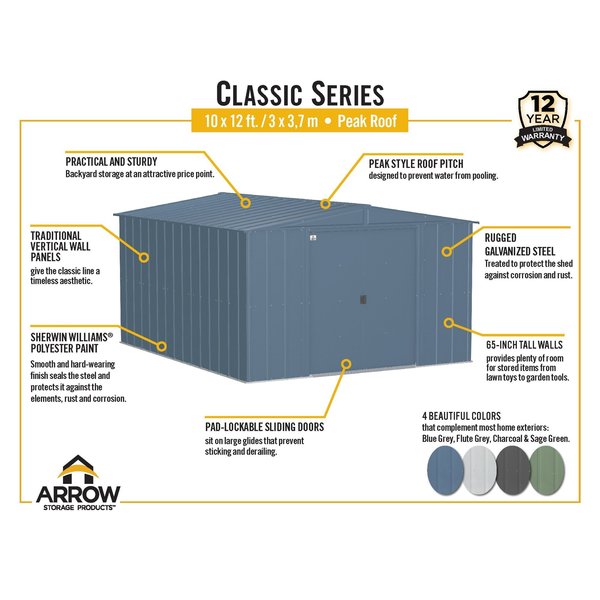 10x12 Classic Steel Storage Shed, Charcoal