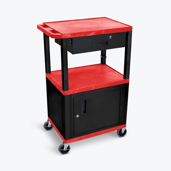 AV Cart, 3 Shelves, Cabinet, Drawer and Black Legs, 42