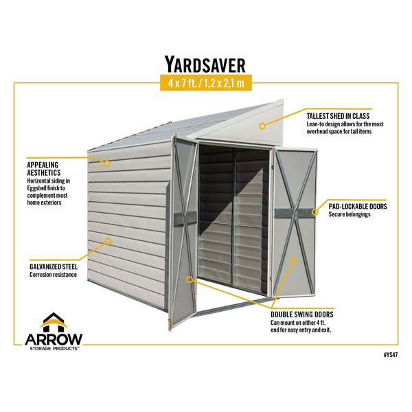 4 x 7 ft Steel Storage Shed Pent Roof Eggshell