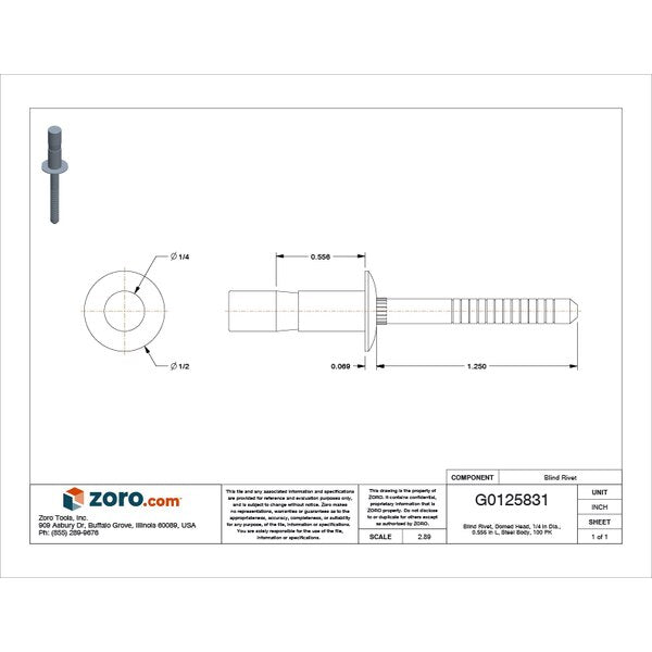 Blind Rivet, Dome Head, 1/4 in Dia., 9/16 in L, Steel Body, 100 PK
