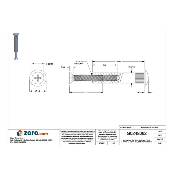Arch Barrel, #10-32, 1 9/16 in Brl Lg, 5/16 in Brl Dia, 18-8 Stainless Steel Plain
