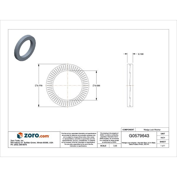 Wedge Lock Washer, Fits Bolt Size 1/2 in Steel, Delta Protect Finish, 200 PK