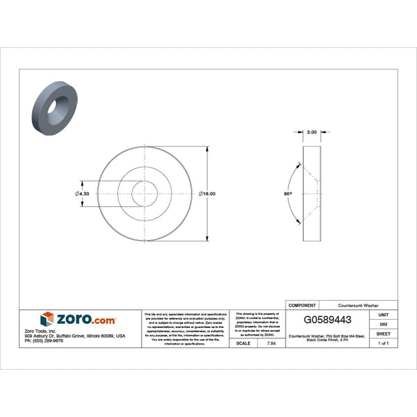 Countersunk Washer, Fits Bolt Size M4 Steel, Black Oxide Finish, 5 PK
