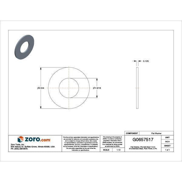 Flat Washer, Fits Bolt Size 1-1/4 in , Stainless Steel Plain Finish, 5 PK
