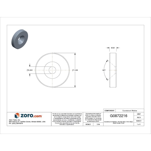 Countersunk Washer, Fits Bolt Size 1/4 in Steel, Black Oxide Finish