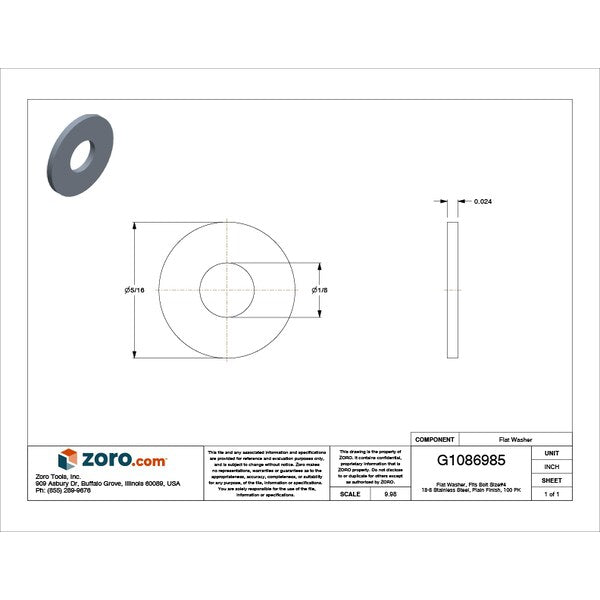 Flat Washer, Fits Bolt Size #4 , Stainless Steel Plain Finish, 100 PK