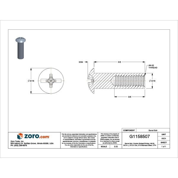 Barrel Bolt, #6-32, 5/8 in Brl Lg, 3/16 in Brl Dia, 316 stainless steel Plain, 5 PK