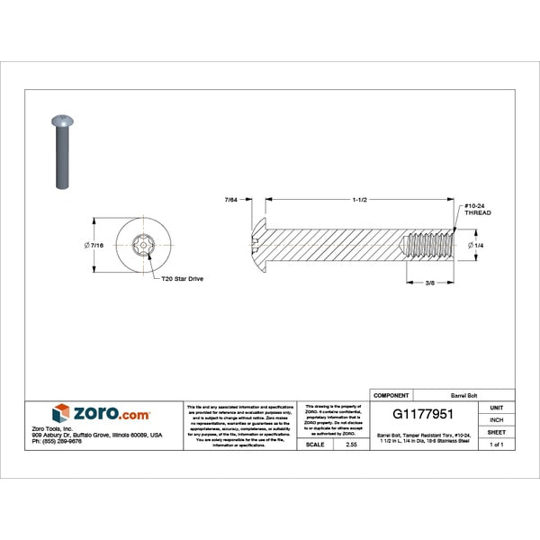 Barrel Bolt, #10-24, 1 1/2 in Brl Lg, 1/4 in Brl Dia, 18-8 Stainless Steel Plain
