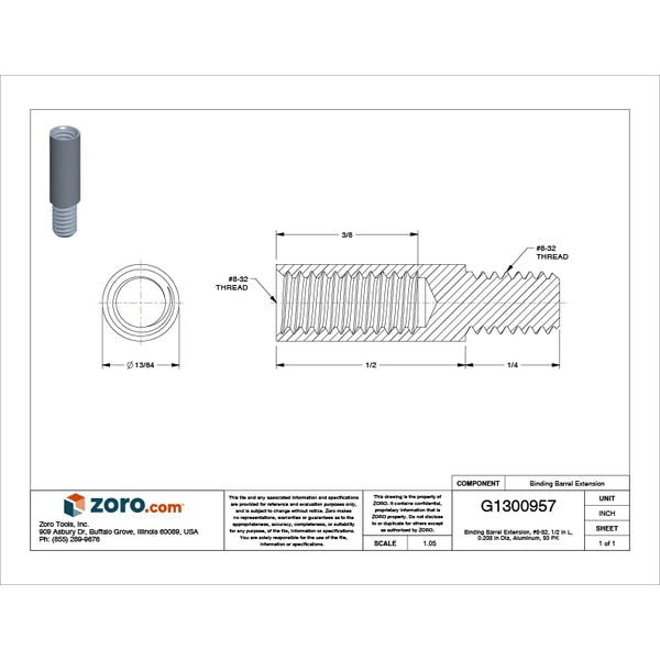 Binding Barrel Extension, #8-32, 1/2 in Brl Lg, 0.203 in Brl Dia, Aluminum Plain, 50 PK