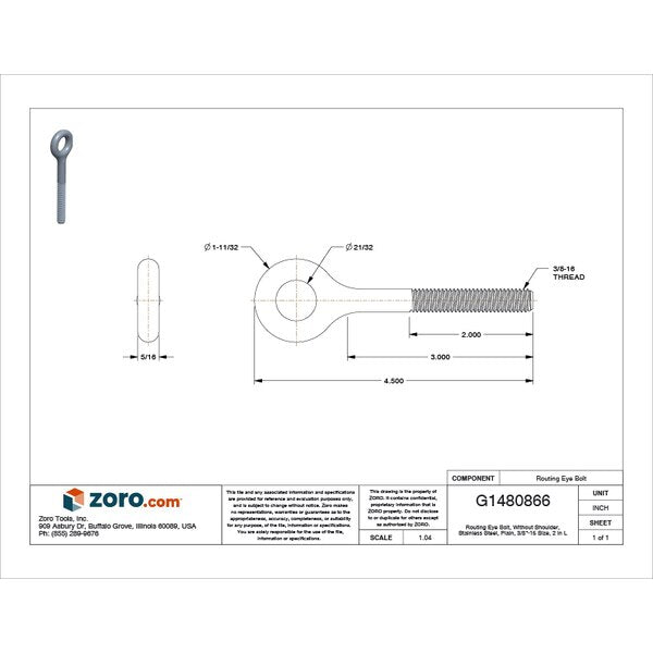 Routing Eye Bolt Without Shoulder, 3/8