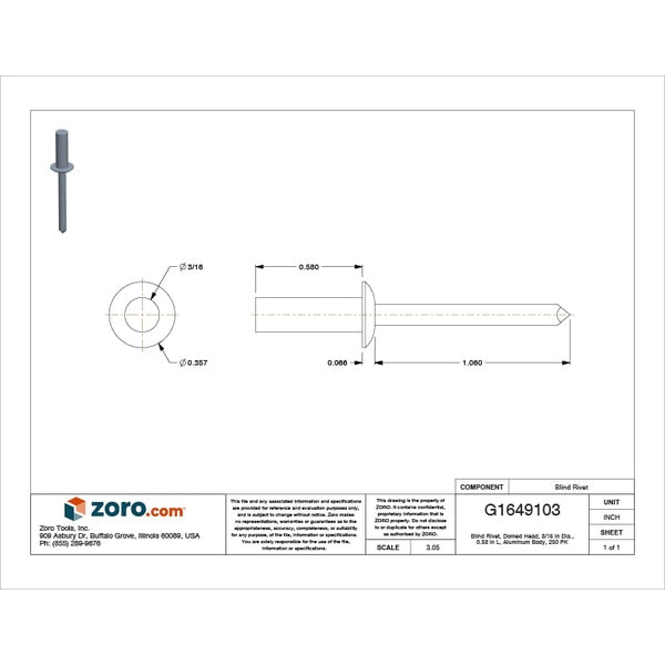 Blind Rivet, Dome Head, 3/16 in Dia., 37/64 in L, Aluminum Body, 250 PK