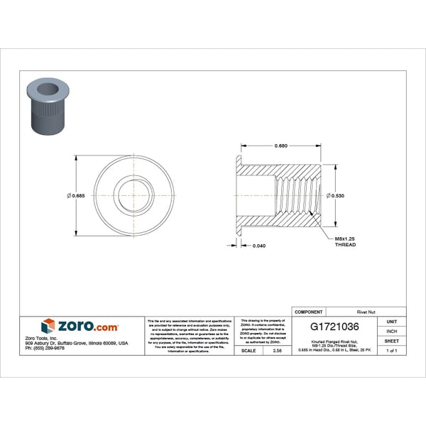 Rivet Nut, M8-1.25 Thread Size, 0.685 in Flange Dia., 0.68 in L, Steel, 25 PK