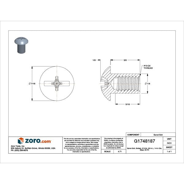 Barrel Bolt, #10-24, 3/8 in Brl Lg, 1/4 in Brl Dia, Steel zinc, 50 PK