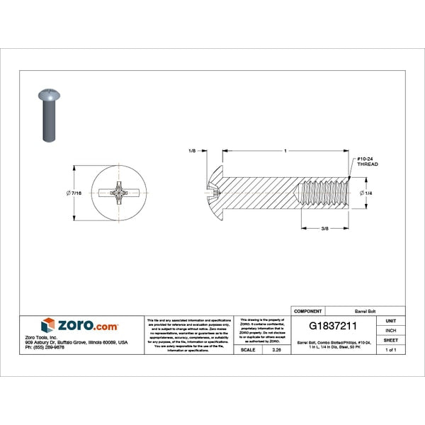 Barrel Bolt, #10-24, 1 in Brl Lg, 1/4 in Brl Dia, Steel zinc, 50 PK