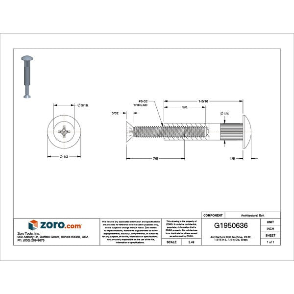 Arch Barrel, #8-32, 1 3/16 in Brl Lg, 1/4 in Brl Dia, Brass Bronze
