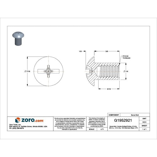 Barrel Bolt, #10-24, 3/8 in Brl Lg, 1/4 in Brl Dia, 18-8 Stainless Steel Plain, 5 PK