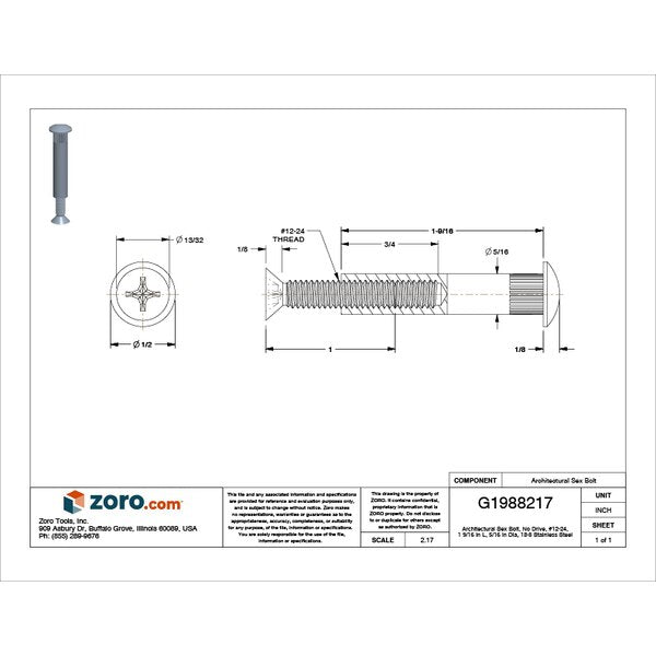 Arch Barrel, #12-24, 1 9/16 in Brl Lg, 5/16 in Brl Dia, 18-8 Stainless Steel Plain