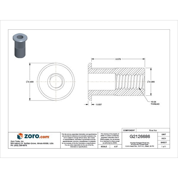 Rivet Nut, #10-24 Thread Size, 0.417 in Flange Dia., 0.57 in L, Steel, 50 PK