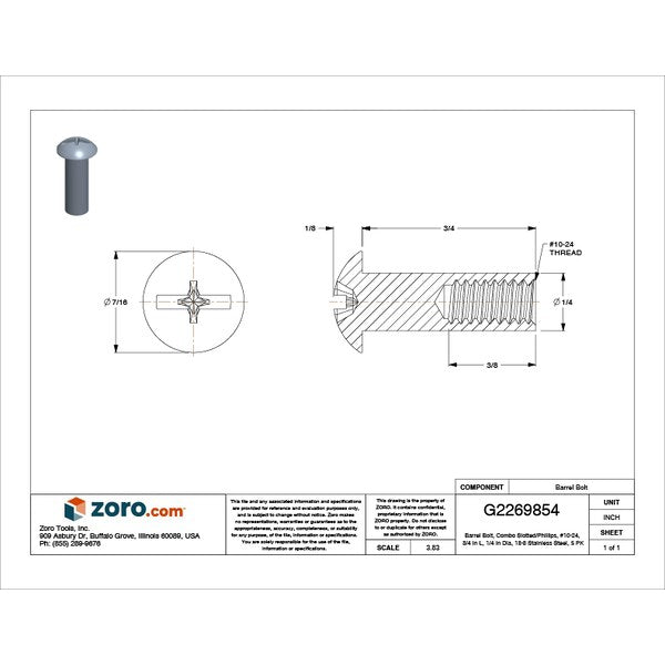 Barrel Bolt, #10-24, 3/4 in Brl Lg, 1/4 in Brl Dia, 18-8 Stainless Steel Plain, 5 PK