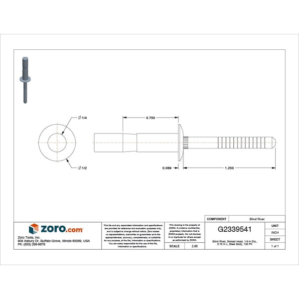 Blind Rivet, Dome Head, 1/4 in Dia., 3/4 in L, Steel Body, 100 PK