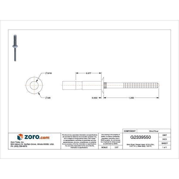 Blind Rivet, Dome Head, 3/16 in Dia., 37/64 in L, Steel Body, 100 PK
