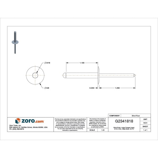 Blind Rivet, Flanged Head, 3/16 in Dia., 37/64 in L, Steel Body, 50 PK