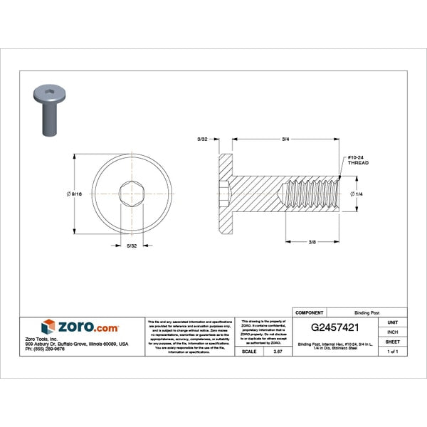 Binding Barrel, #10-24, 3/4 in Brl Lg, 1/4 in Brl Dia, Stainless Steel Plain