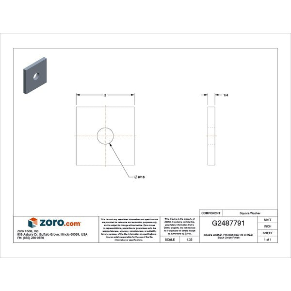 Square Washer, Fits Bolt Size 1/2 in Steel, Black Oxide Finish