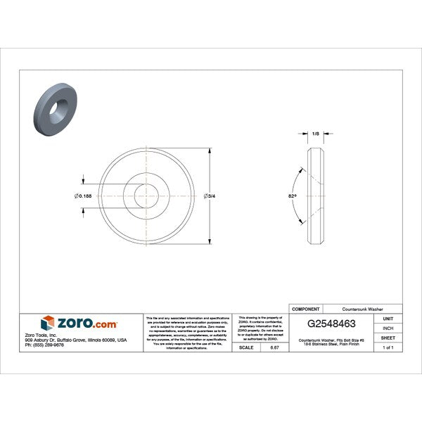 Countersunk Washer, Fits Bolt Size #8 18-8 Stainless Steel, Plain Finish