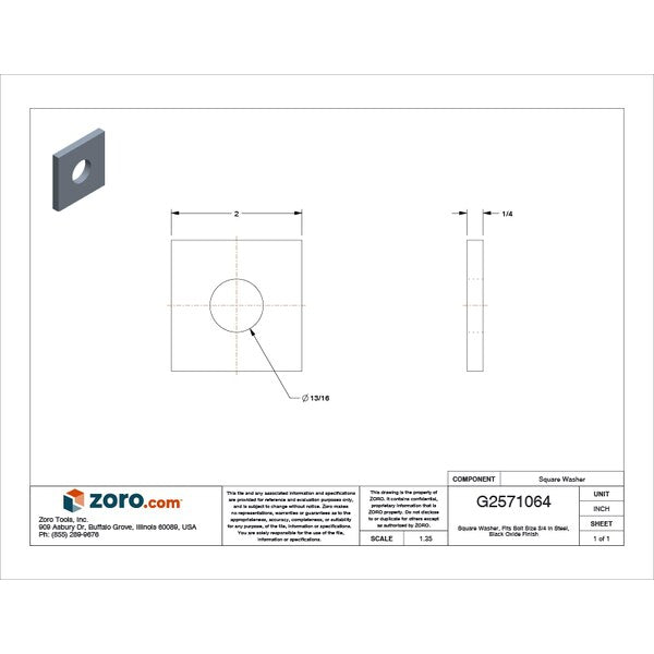 Square Washer, Fits Bolt Size 3/4 in Steel, Black Oxide Finish