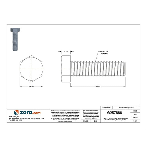 Class 8.8, M12-1.25 Hex Head Cap Screw, Zinc Plated Steel, 45 mm L, 10 PK