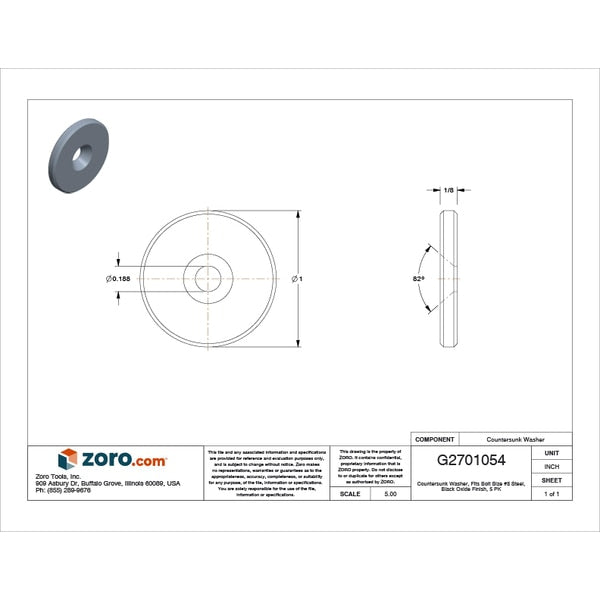 Countersunk Washer, Fits Bolt Size #8 Steel, Black Oxide Finish, 5 PK