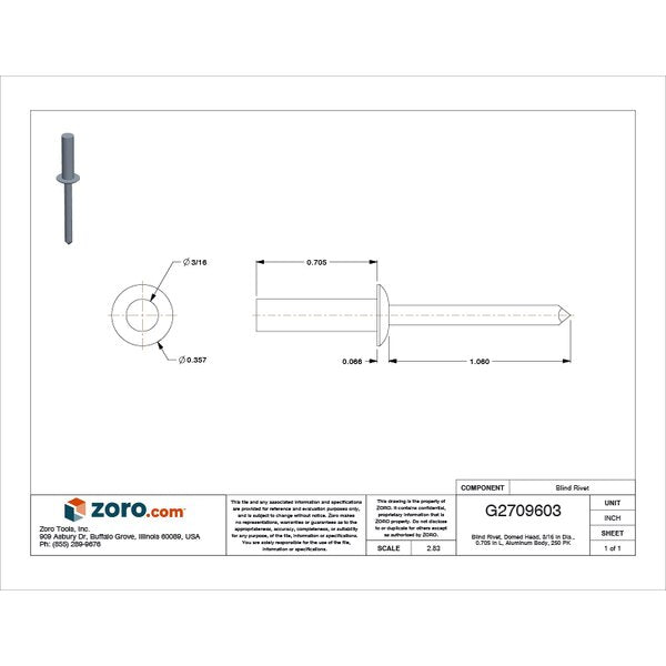 Blind Rivet, Dome Head, 3/16 in Dia., 45/64 in L, Aluminum Body, 250 PK