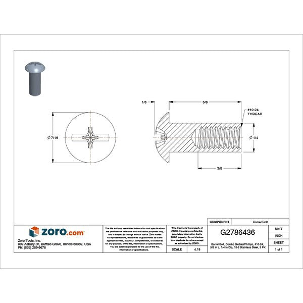 Barrel Bolt, #10-24, 5/8 in Brl Lg, 1/4 in Brl Dia, 18-8 Stainless Steel Plain, 5 PK