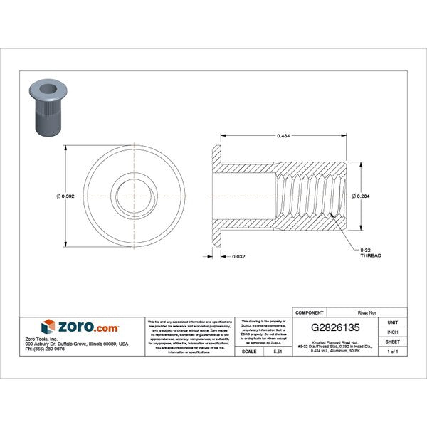 Rivet Nut, #8-32 Thread Size, 0.392 in Flange Dia., 0.484 in L, Aluminum, 50 PK