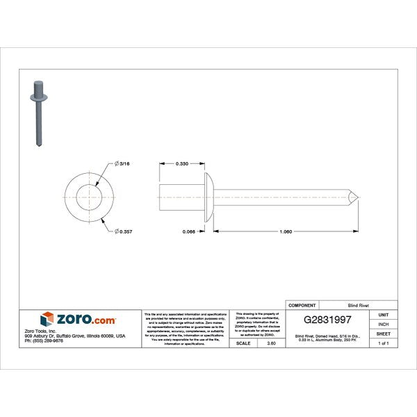 Blind Rivet, Dome Head, 3/16 in Dia., 21/64 in L, Aluminum Body, 250 PK