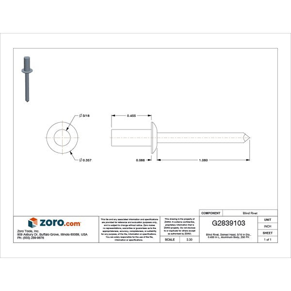 Blind Rivet, Dome Head, 3/16 in Dia., 29/64 in L, Aluminum Body, 250 PK