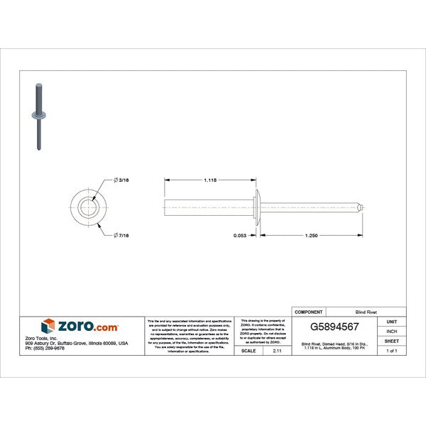 Blind Rivet, Protruding Head, 3/16 in Dia., 1.118 in L, Aluminum Body, 100 PK