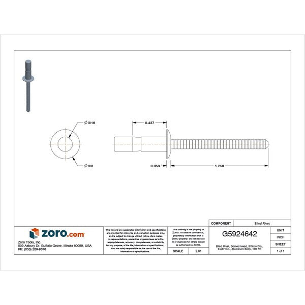 Blind Rivet, Dome Head, 3/16 in Dia., 7/16 in L, Aluminum Body, 100 PK