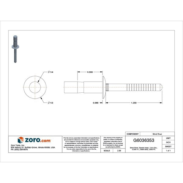 Blind Rivet, Dome Head, 1/4 in Dia., 9/16 in L, Steel Body, 2000 PK
