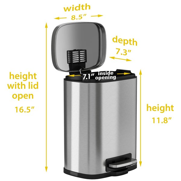15 gal Trash Can, Silver, Stainless Steel